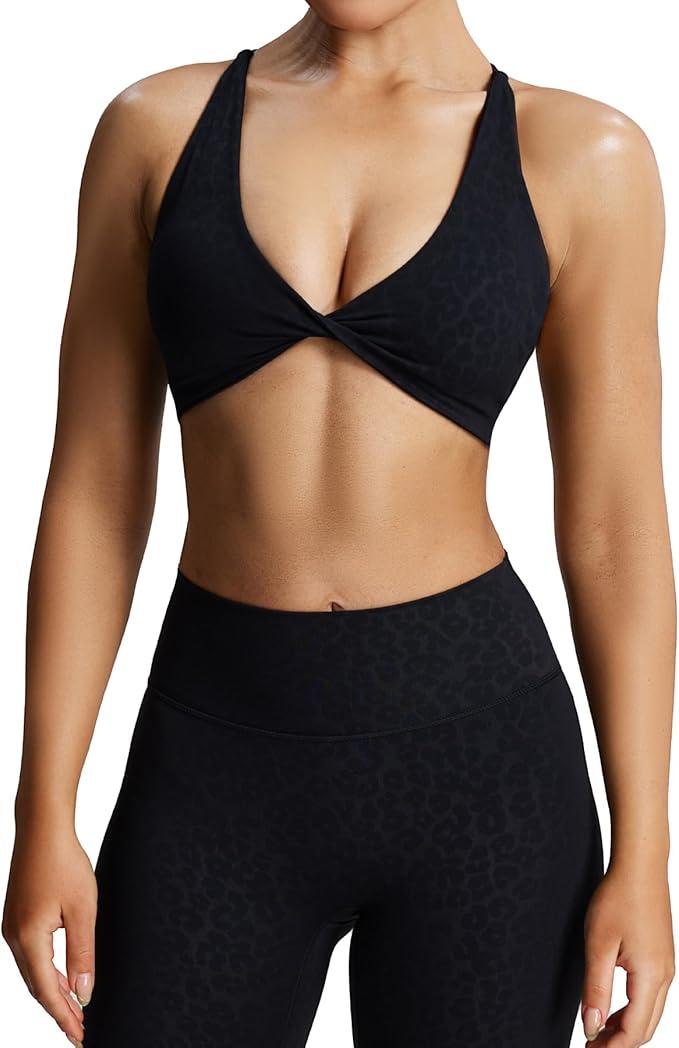 Women's Workout Sports Bra, Black Leapord Print Size S