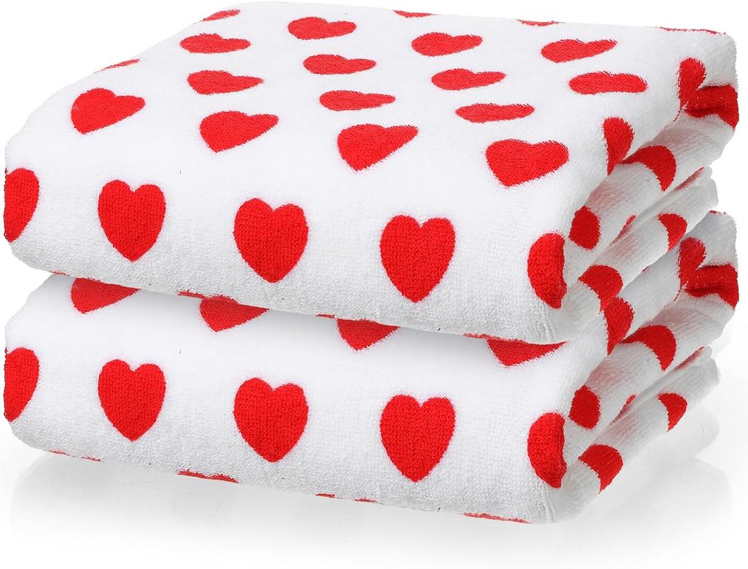 Frienda 2 Pcs Valentine Hearts Cotton Bath Towels Gift for Women 55 x 28 Inch Red Pink Hearts Soft Cotton Bath Towels Valentine's Extra Absorbent Quick Decorative Hand Towel for Bathroom Decor(Red)