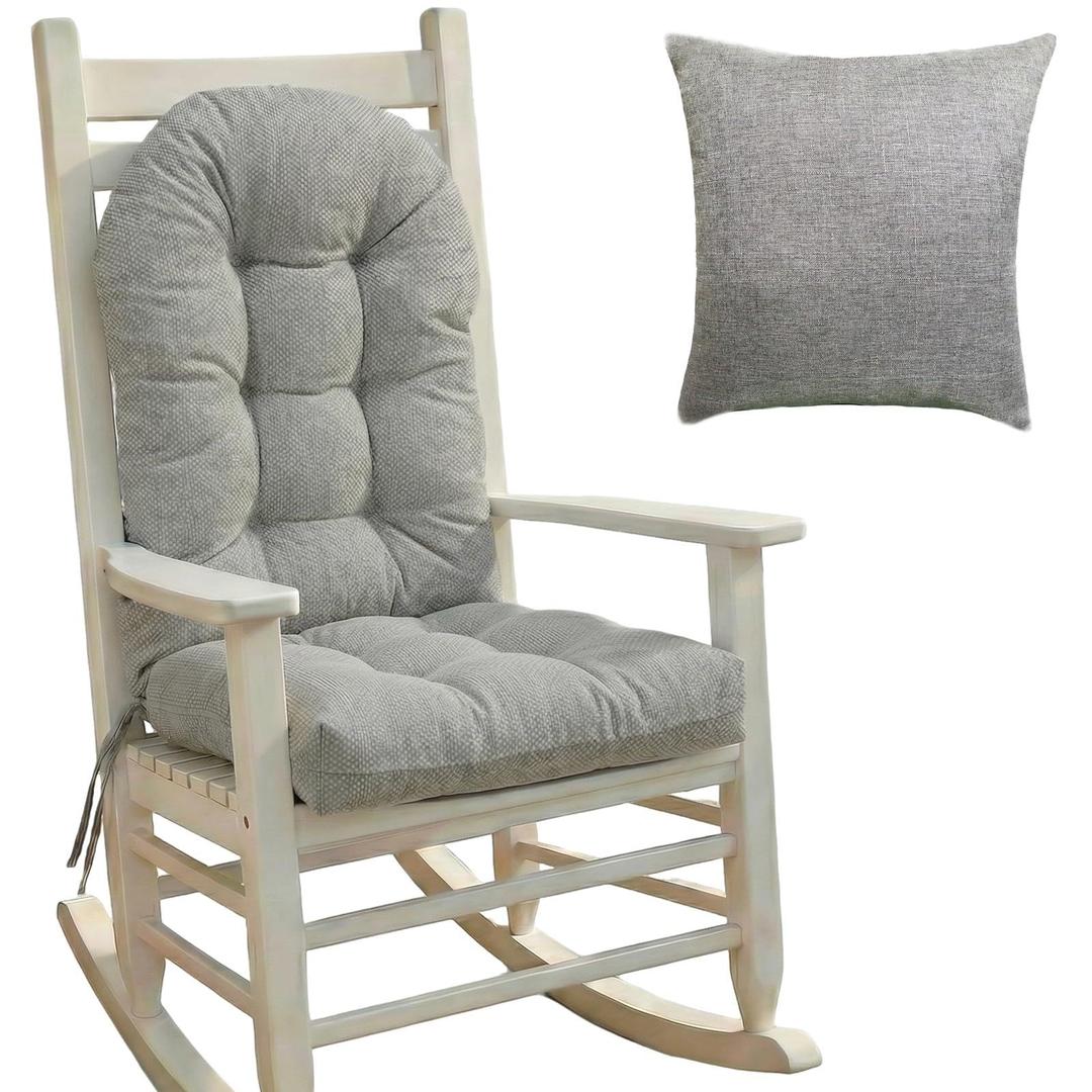 Outdoor rocking chair cushions, rocking chair pads with Back Support, with throw pillow set, 44"x19"x4" glider rocker replacement cushions, Suitable for Indoor/Outdoor, Non-Slip. (Light Gray)