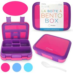kinsho Bento Lunch Box for Kids Toddlers Girls, 5 Portion Sections Secure Lid, Microwave Safe BPA Free Removable Tray, Pre-School Kid Daycare Lunches Snack Container Ages 3 to 5, Pink Purple