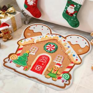 Vynium Christmas Gingerbread House Bathroom Rug, Gingerbread Non-Slip Christmas Bath Mat, Large Xmas Doormat Holiday Decor for Front Door, Kitchen, Living Room, Bedroom -25.622.8 Inch