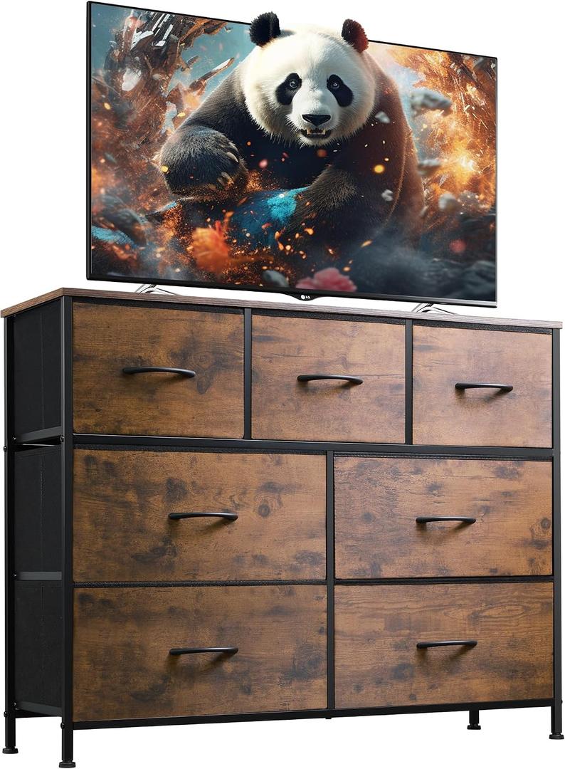 WLIVE 7 Drawer Dresser TV Stand, Entertainment Center, Media Console Table with Metal Frame and Wood Top for TV up to 45 inch, Chest of Drawers for Bedroom, Living Room, Rustic Brown Wood Grain Print, 11.8"D x 39.4"W x 30.5"H