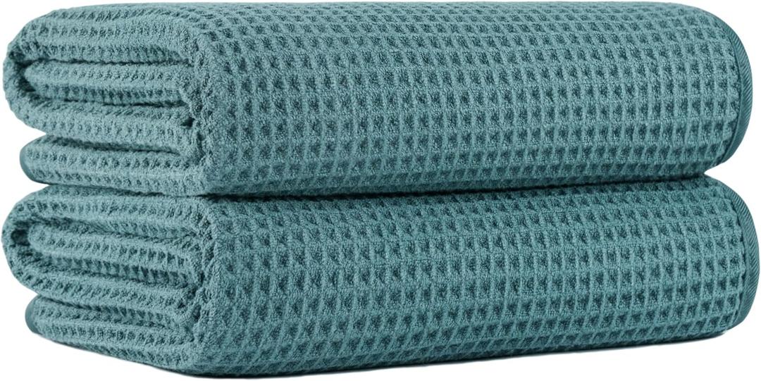 MICROFI New Microfiber Waffle Bath Towels, 2 Pieces, Oversized, Soft, Absorbent, Fast Drying, Lint Free 430 GSM (Green)