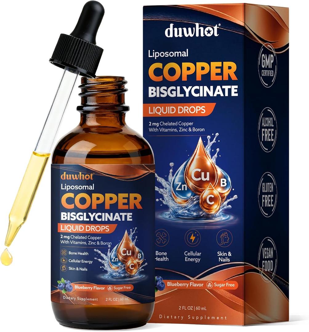 Liquid Copper Bisglycinate Drops, 2mg Chelated Copper Supplements, 2 Fl Oz