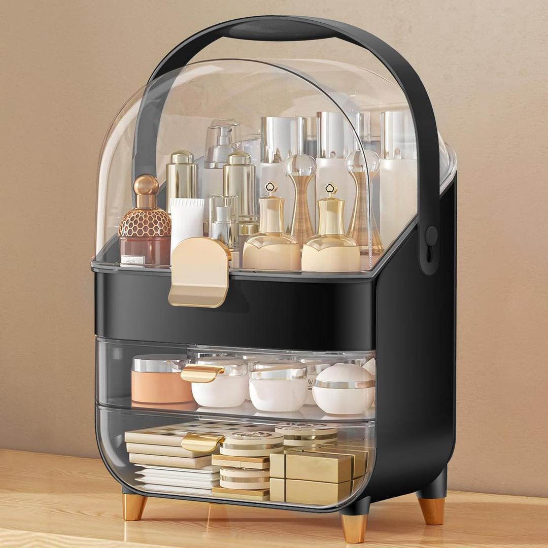 Makeup Organizer Countertop, Skincare Holder Bathroom Counter Organizer, Storage Box Cosmetic Display Cases, Teen Girl Gifts Make up Organizers for Vanity, Dresser (Black)