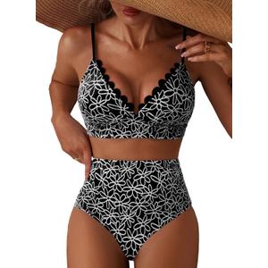Herseas Women's Embroidered Flowers Bikini Sets Scalloped V Neck Swimsuits High Waisted Bathing Suits (Black, L)