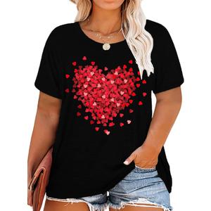 Plus Size Valentines Shirts for Women Heart Print Graphic Tees Teacher Valentine Shirt Casual Tops (5X-Large Plus, Black)