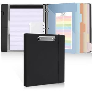 SKYDUE 3 Ring Binder with Clipboard 1 Inch, 13.2" 10.2" PU Binder with Notepad & 5 Dividers with 5 Pockets, Labels, Clipboard Folder Great for School Office (Fit Letter Sized Paper) (Black)