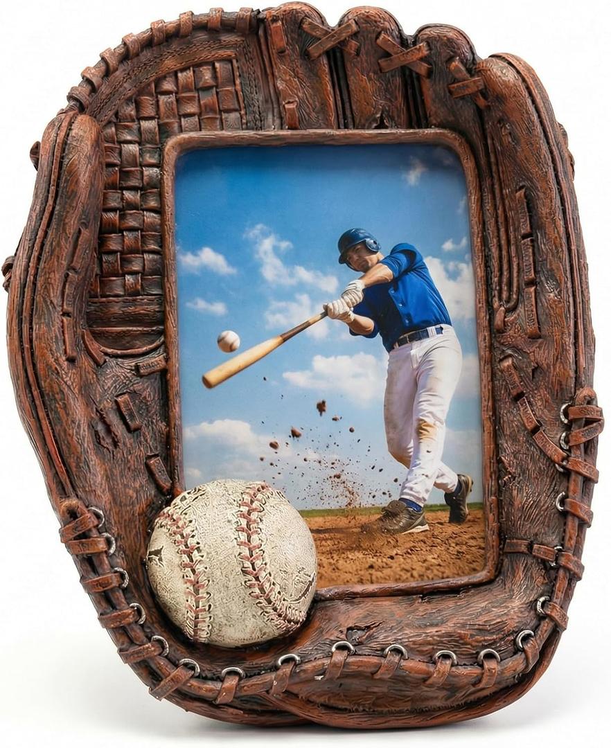 Le-Fation Baseball Glove Photo Frame 4x6 Inch Sports Theme Decor for Desk, Coaches and Baseball Moms (Brown)