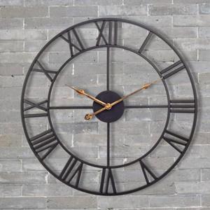 Large Industrial Wall Clock with Roman Numerals, Indoor Silent Non-Ticking Retro Clock, Vintage Metal Decorative Black Metal Art Clock Battery Operated for Home Kitchen Cafe Hotel Office Decor (24in, Gold)