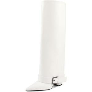 GPXGPX Knee High Boots Women Fold Over Chunky High Heel Wide Calf Pointed Toe Boots Belt Buckle Fall Long Boot for Women, White, Size 6