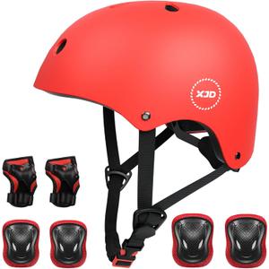 XJD Kids Bike Helmet,Multi-Sport Protective Gear Set for 3-5-8-14 Years Boys Girls with Knee and Elbow Pads Wrist Guards fit Roller Skates,Cycling,Skateboarding,Christmas Birthday Gifts for Kids (Medium, Red)