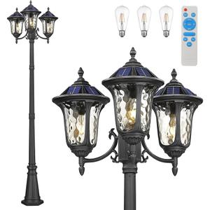 3-Head Outdoor Solar Lamp Post Lights with High Posts, Dusk to Dawn Remote Control Waterproof Exterior Pillar Lantern 3 Lighting Mode Modern Street Light for Garden Walkway