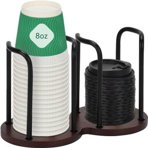 Paper Cup Dispenser and Lid Organizer, Double Compartment Storage Holder for 8oz Coffee Cups, Bathroom, Coffee Station (Black Rail)