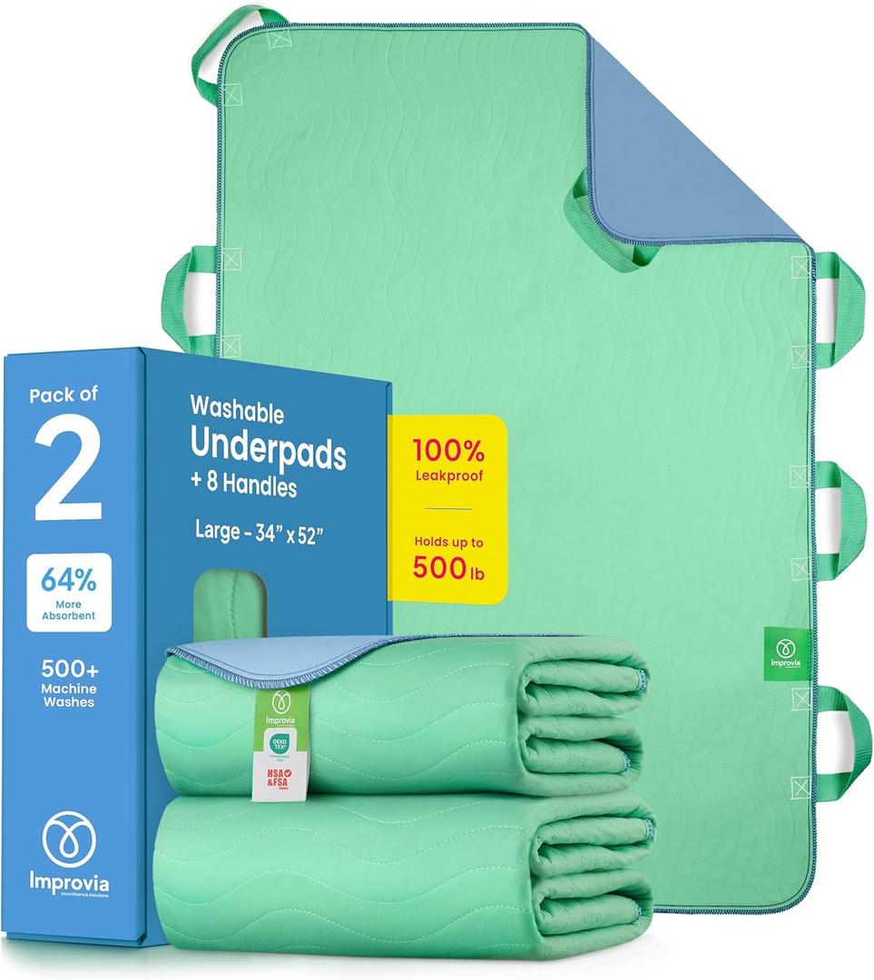 Improvia Positioning Bed Pad, with 8 Reinforced Handles, Quick-Drying, Washable, Waterproof, for Lifting, Turning, Transfering, Elderly and Incontinence Patients (Green, Pack of 2)