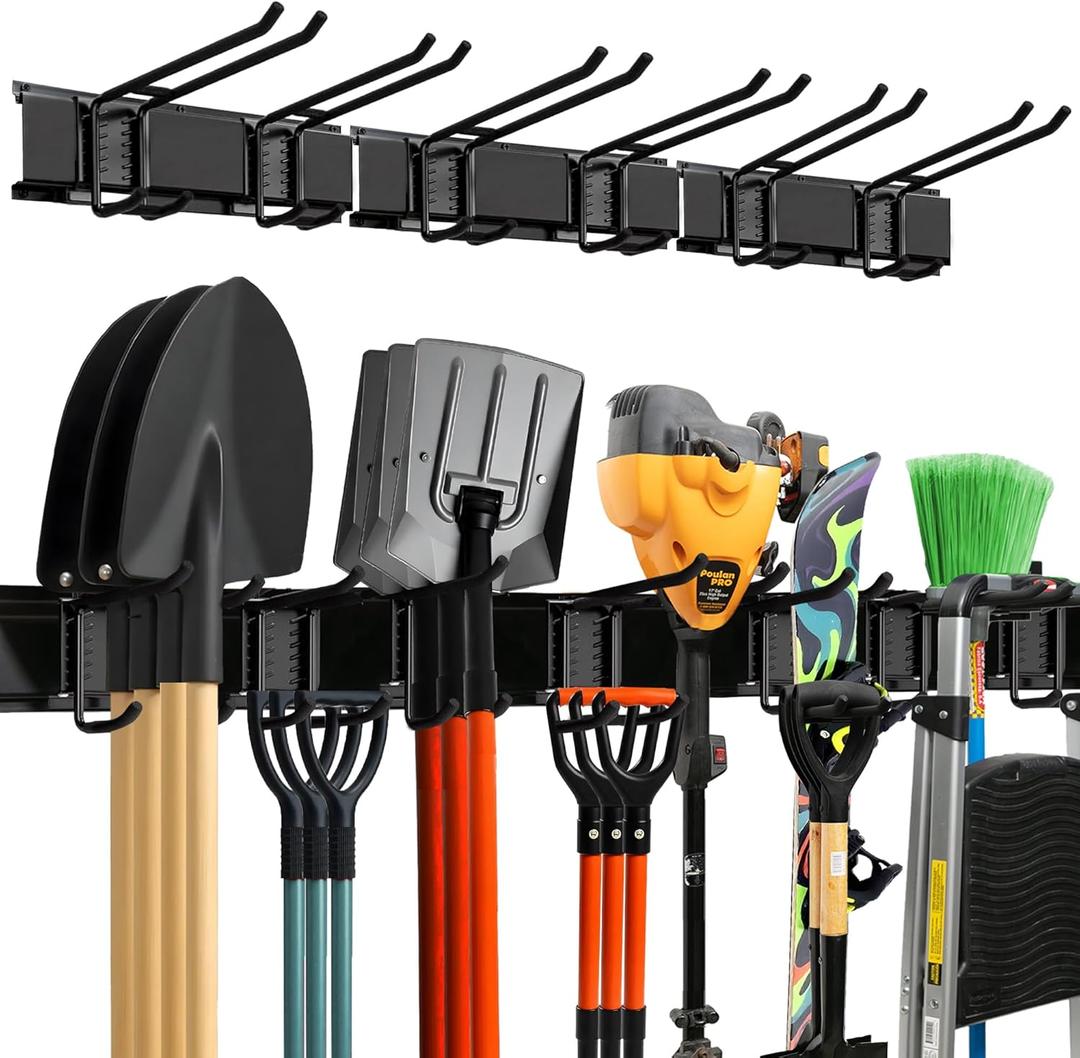 Garage Wall Organizer | 48" Heavy-Duty Tool Storage Rack | Adjustable Double-Layer Hooks | 300 lbs Capacity | Carbon Steel Wall Mount Holder for Shovels, Rakes, Ladders & Power Tools (Black)