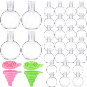 Aurelema 30 Pcs 1 oz Round Sanitizer Bottle Circle Plastic Mini Clear Empty Hand Sanitizer Bottles with Foldable Funnels Portable Reusable Containers for Business Trip Outdoor Camping Shampoo Liquid