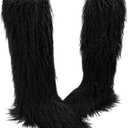 Valpeak Faux Fur Tall Furry Boots for Womens,Long Winter Boots for Girls,Mongolian Fluffy Boots for Kids Fuzzy Knee-High Boots (Black)