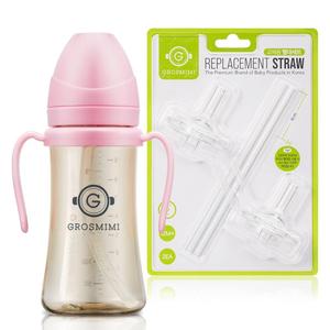 GROSMIMI PPSU Spill Proof Magic Sippy Cup 10 oz (Pink) + Replacements (Straw kit 2-counts, Stage 2)