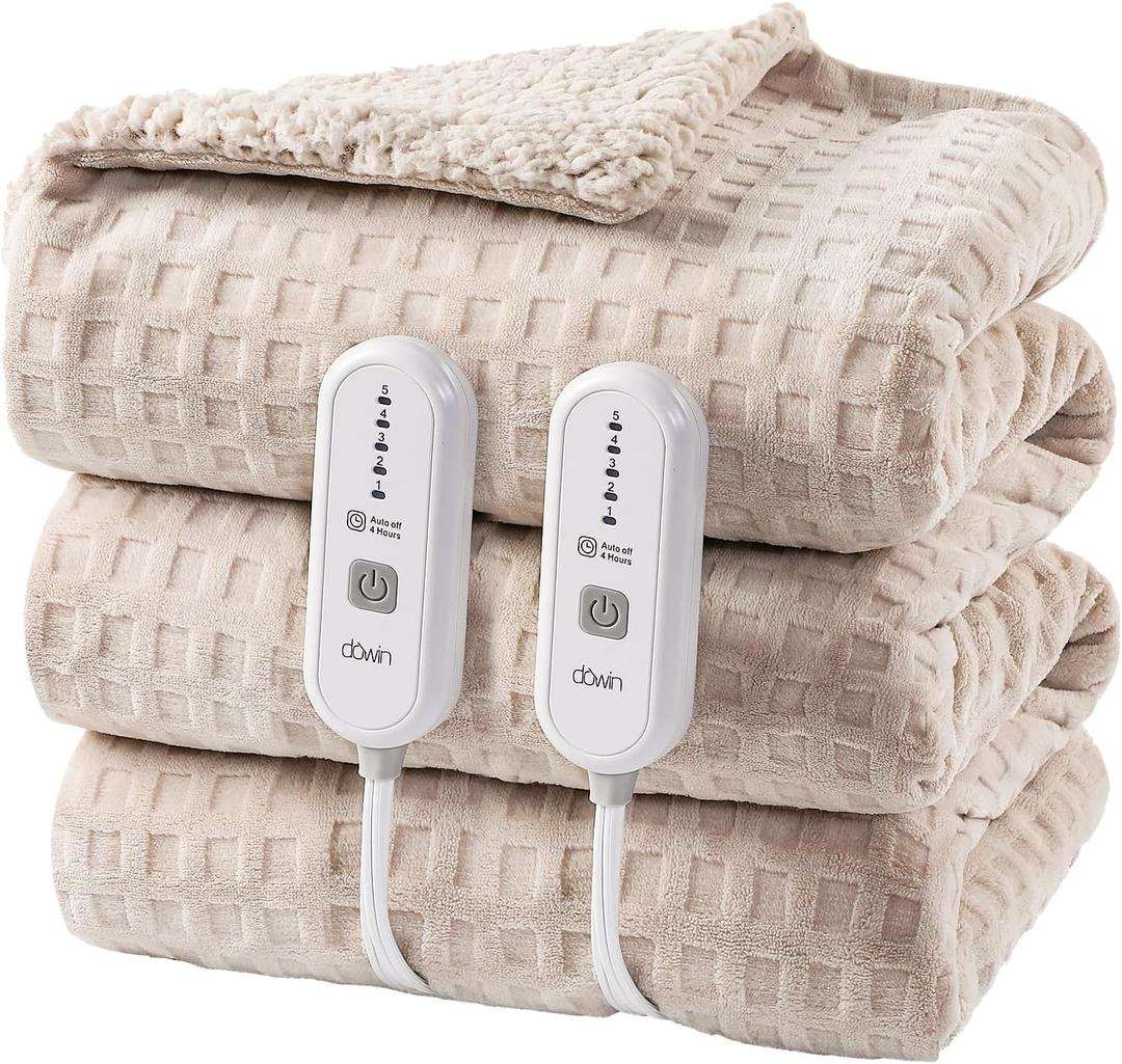 Dowin Electric Blanket King Size - Waffle Heated Blanket with Dual Control, 5 Heating Levels, 10 Hrs Auto Off, Sherpa Fleece Warming Blanket for Bed, Machine Washable, 90x100 Khaki