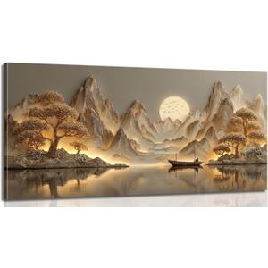 3D Texture Large Landscape Sunrises Sunset Canvas Wall Art Abstract Mountains Lake Tree Painting Picture Wall Decor Modern Nature Scenery Poster Print Artwork for Living Room Office Home Decoration