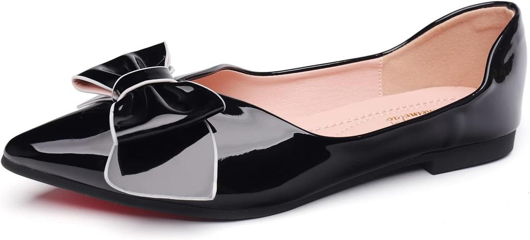 Flats Shoes Women Comfortable Leather Pointed Toe Flats Bow Dress Shoes Memory Foam Insole Slip on Work Flat for Women (11, Black)