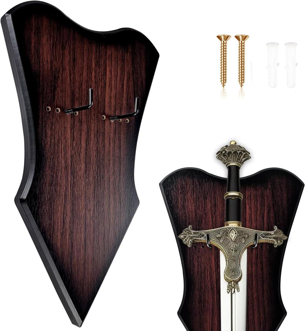 Sword Plaque Wall Mount Vertical Display Holder Adjustable Stand for Bow Medieval Dagger Axe (1pcs Large Brown)