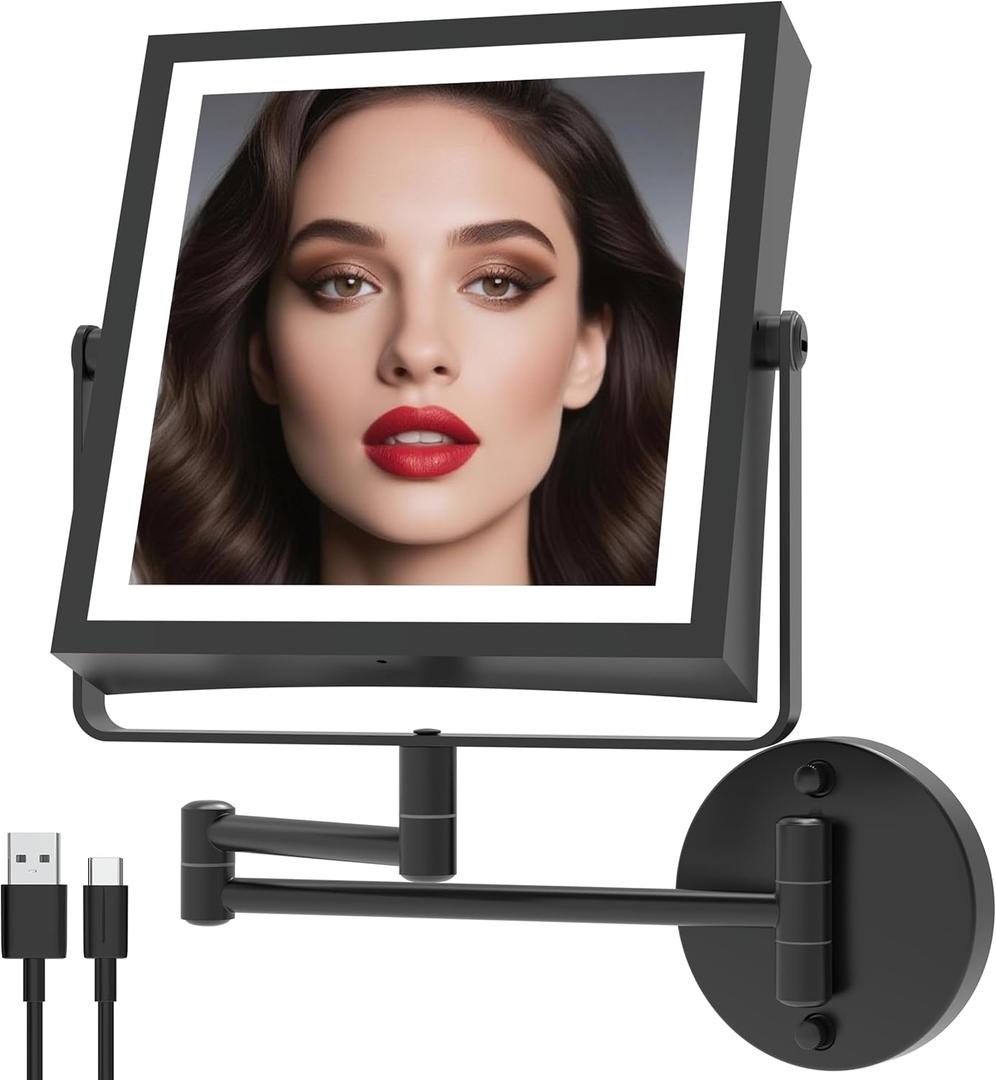 Rechargeable Wall Mounted Makeup Mirror with Lights, 4000mAh Double Sided 1X/10X Magnifying Vanity Mirror with 3 Color Lights, Touch Dimmable, 360 Extension Foldable Arm (Matte Black)