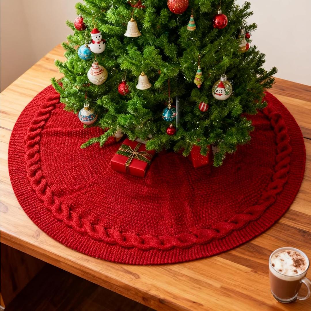 Red Christmas Tree Skirt, 24 Inch Knitted Tree Skirt for 2-4 Ft Christmas Tree Luxury Knitted Thick Rustic Tree Skirt Xmas Decoration, Small Christmas Tree Skirt Decor for Pencil Christmas Tree