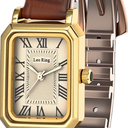 LEO RING Elegant Vintage Women's Watch Two-Tone with Roman Numerals, Mother of Pearl Dial and Brown Leather Strap Dainty Quartz Watch Includes Tool (Coffe Gold Brown)