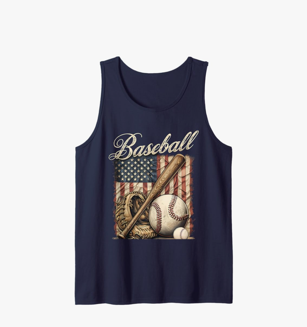 USA Flag Baseball Player Bat Fan Catcher Pitcher Retro Men Tank Top Size L