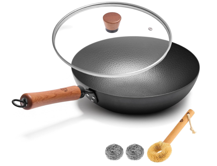 WANGYUANJI Carbon Steel Wok Pan 11 Inch  Round Bottom Traditional Pow Wok (Requires Gas Stove & Wok Ring)  No Coating Hand Hammered Stir Fry Pan with Lid & Detachable Handle