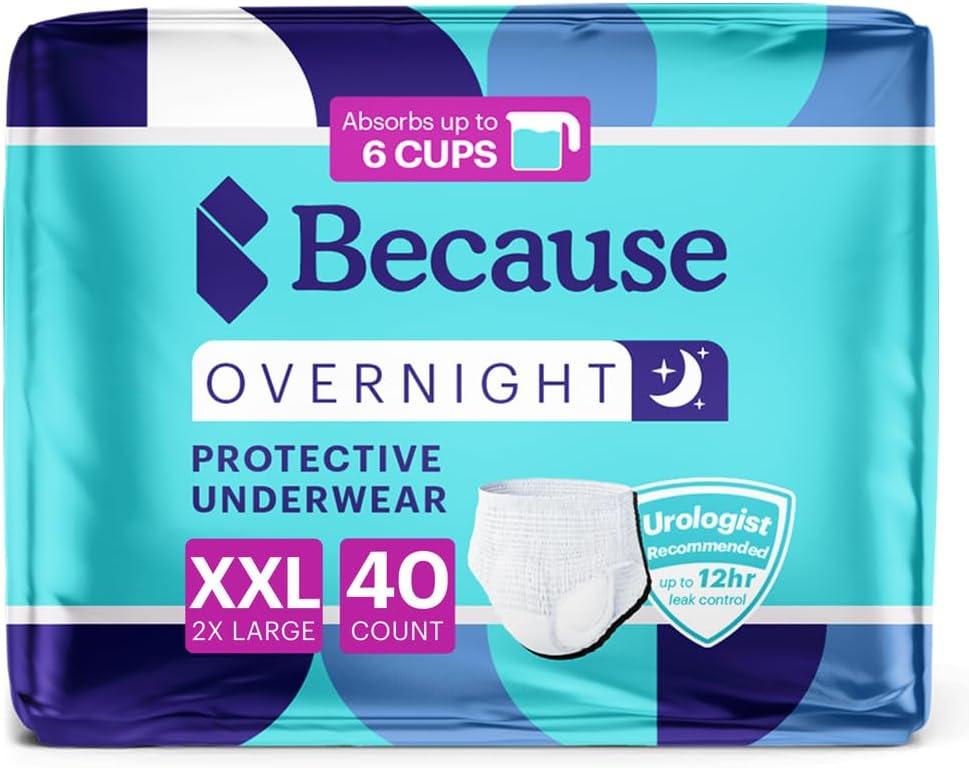 Because Unisex Premium Overnight Plus Pull Up Underwear - Extremely Absorbent, Soft & Comfortable Nighttime Leak Protection - White, XX-Large - Absorbs 6 Cups - 9 Count