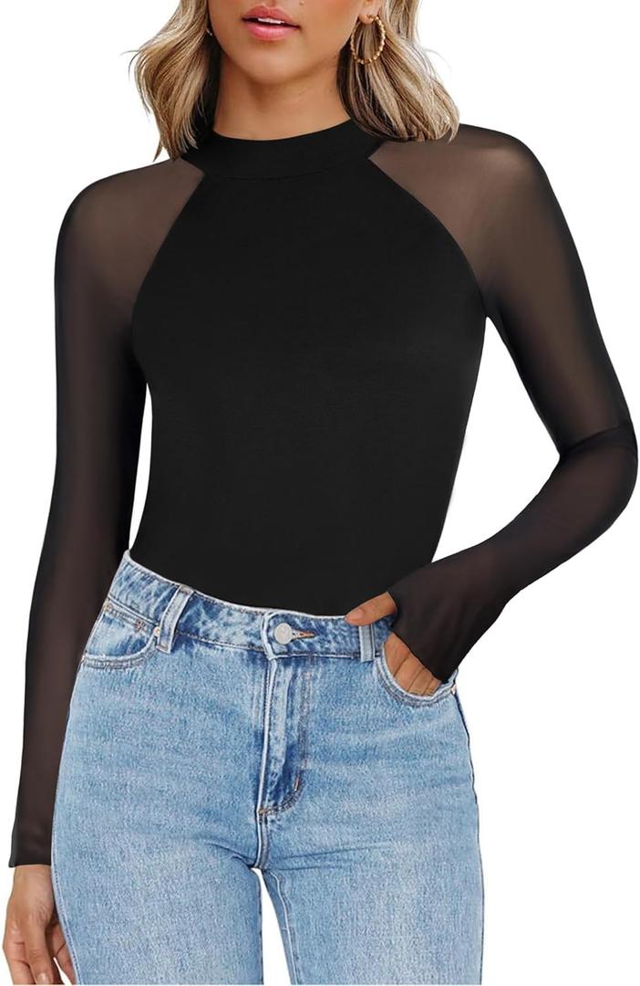 Zeagoo Long Sleeve Shirts for Women Floral Mesh Sheer Top Mock Neck Double Lined Fitted Going Out Blouses S