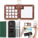Glenmal 7 Pcs Mini Watercolor Palette Set Travel Portable Watercolor Pocket Set Sketchbook with Binder Clip Brushes Wooden Color Palette Box 3 Paint Brushes with Case for Painters Artists(15 Grid)