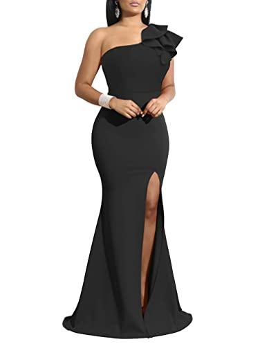 YMDUCH Women's Sexy Sleeveless One Shoulder Ruffle High Split Party Evening Long Formal Dress Black M