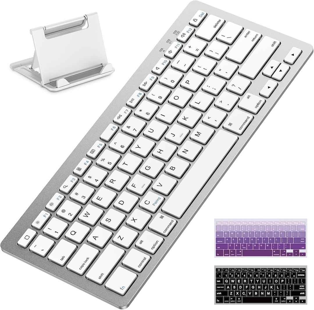 OMOTON Rechargeable Bluetooth Keyboard for iPad, with Adjustable Stand Holder and 2 Key Stickers, Compact Portable Wireless Keyboard for iPad 11th A16, 10th, Pro, Air, Mini (White)