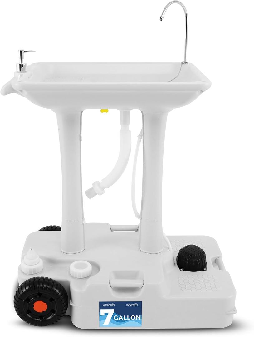 SereneLife Portable Hand Washing Station, 100+ Hand Washes, Hands-Free Foot Pump, Soap Dispenser, and Drain Hose, Ideal for Outdoor Events, Camping, Boating and Worksites, 30L Sink with Wheels