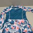 Women's Long Sleeves Rash Guard - 2 Piece Swimsuits with Built in Bra Swim Shirt and Shorts with Pockets, Size M, Teal Flower