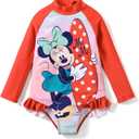Disney Princess Frozen Elsa Minnie Stitch One Piece Swimsuit Rashguard Bathing Suit UPF 50+Toddler Girl Long Sleeve Swimwear (6-7 Years, Minnie Mouse-red)