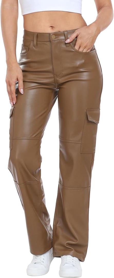 HDE Women's Faux Leather Cargo Pants with Pockets High Waisted Y2K Relaxed Pant (31, Brown)