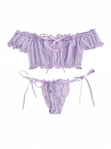 Lilosy Sexy Stretch Ruffle Tie Sheer Mesh Lingerie Set Outfits 2 Piece Women Kawaii Cute See Through Matching Bra Panty Underwear Chiffon Lavender Purple Large