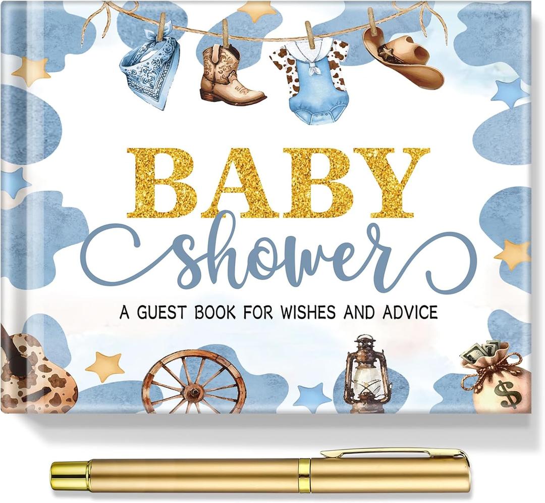 Fuyoooo 27 Pcs Baby Shower Guest Book Baby Shower Sign in Guest Book Reception with Sonogram Page Keepsake Includes Gold Pen Table Card and Adhesive Photo Corner for Birthday(Western Cowboy)
