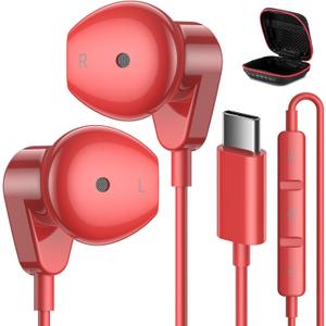 APETOO USB C Headphones for iPad Pro iPhone 17/Air/16e/15/16 Pro Max Plus, HiFi Stereo USB-C Wired Earbuds with Microphone Volume Control Type C Earphones for Samsung S25 S26 S24/S23/S22/S21/S20, Red