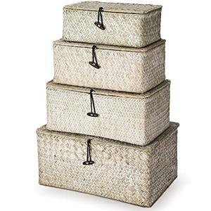 Woanger Set of 4 Wicker Baskets with Lids, Nautral Seagrass Storage Baskets, Woven Rectangular Basket Bins, Rattan Storage Organizer for Shelf Closet Bedroom