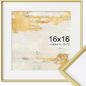 16x16 Metal Picture Frame, 16 x 16 Square Premium Aluminum Photo Frames with 12x12 Removable Mat, Tempered Glass, Vertical and Horizontal Display Wall Hook Hanging Hardware Included, Gold, 1 Pack