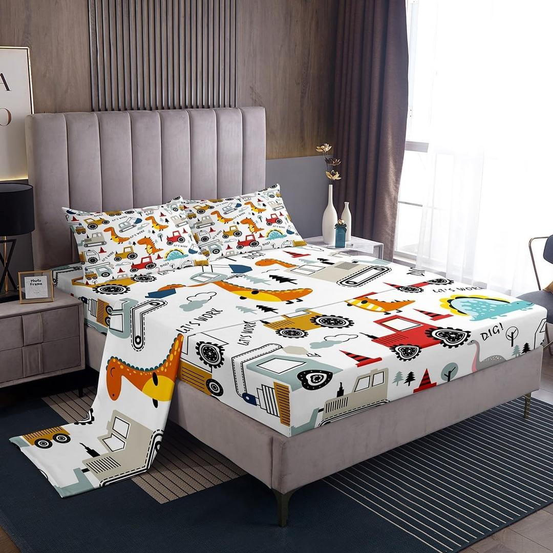 Feelyou Construction Sheet Set Kids Cartoon Dinosaur Sheets with Deep Pocket Fitted Sheet for Boys Teens Equipment Trucks Bed Sheets Set Construction Vehicles Kawaii Jungle Dino Bedding Set Twin Size
