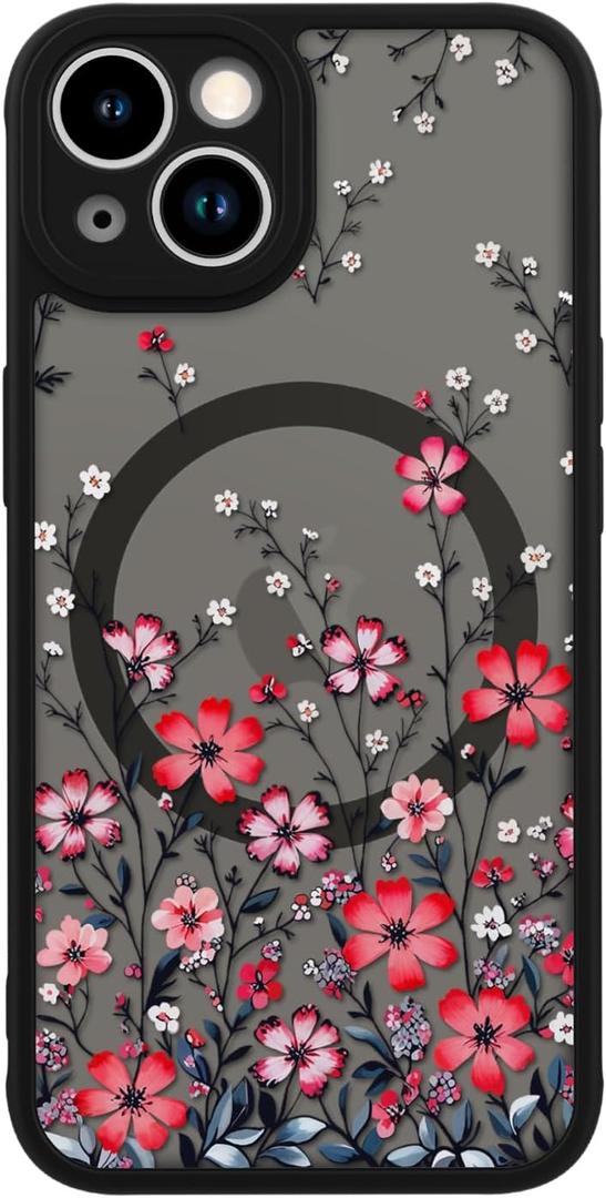 LUHOURI for iPhone 13 Mini Case Cute - Wireless Charing Compatible,Trendy Floral Design for Women Girls,Military-Grade Shockproof Not-Slip Matte Phone Cover, Vibrant Red Wildflowers