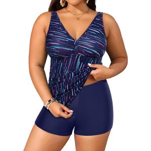 Yonique Womens Plus Size Swimsuits with Shorts Tummy Control Tankini Two Piece Bathing Suits Athletic Swimwear (Blue Colorful Galaxy)