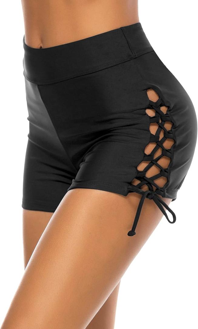Women's Swim Shorts High Waisted Bathing Suit Bottoms Adjustable Tie Swimwear Boy Short Swimsuit Board Shorts (Black) S